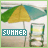 A static image shows a beach scene with an umbrella and chair, overlaid by the word 'SUMMER' in blue text.