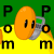 Pixelated orange oval character with black eyes and a gray mouth, surrounded by green and yellow background with scattered black letters.