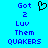 Blue background with blue pixelated text reading 'Got 2 Luv Them QUAKERS' and a black heart outline icon above the text.