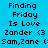 Pixelated text on four colored backgrounds: blue, green, yellow, and light green. Text reads "Finding Friday Is Love Zander <3 Sam,Zane (" with partial characters.