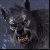 Pixelated static image of a wolf-like creature with dark fur, visible teeth, and glowing eyes against a gradient background.