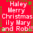 Red background with white text reading "Haley Merry Christmas ily Mary and Rob!!" in a pattern, bordered by green dashed lines and small green stars