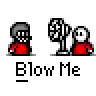 Animated contact sheet of a pixel art character performing an action sequence with repeated text and speech bubble.