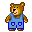 Pixelated brown bear in blue overalls with two distinct facial expressions, one with closed mouth and one with open mouth showing red tongue.