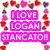 A static pixelated image with three horizontal pink bars containing white text, surrounded by scattered heart shapes in red and purple hues.