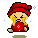 Pixelated cartoon character with red hat and dress, crying while holding a yellow-starred object against gray background.