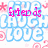 Pixelated icon with blue and pink elements, featuring stylized text and floral motifs on a white background.