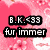 Pink background with large red hearts, small white hearts, and cherry blossom motifs; black text reads "B.K.<33 fur immer".
