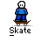 Pixelated character in blue shirt and pants performing skateboarding actions on a gray background with 'Skate' text below.