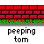 Pixel art scene with red brick walls, green grass, and four 'peeping tom' text labels above a character in yellow clothing and a white mask.