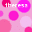 Pixelated pink background with overlapping circles and white lowercase text 'theresa' in the center.