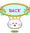 A 4-frame animated contact sheet showing a pixel art character with changing facial expressions beneath an oval frame containing the word BACK, surrounded by floral decorations and suspended from yellow antennae-like structures.