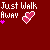 Red background with six pixelated 'Just Walk Away' text variations, pink hearts, and small purple stars in a