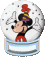 Pixelated snow globe with Mickey Mouse in red shorts and purple hat, holding a top hat above his head inside the globe.