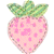 Pixelated static image of a pink strawberry with green leaves on white background.