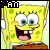 Yellow sponge character with green spots, white eyes, blue pupils, pink mouth interior, and red tie on brown shirt; text 'FAN' in top-left corner.