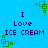 Blue background with dark blue text reading 'I Love ICE CREAM' and green square patterns in four corners.
