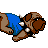 Pixelated 4-frame animation of a brown dog in blue clothing performing sequential movements on a white background.
