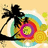 Silhouette of palm tree with two figures on beach, colorful circular patterns in background, yellow and blue tones.
