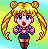 Pixel art of Sailor Moon character variations with wings, hearts, and different poses on pastel backgrounds