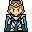 Pixel art character with brown hair, yellow crown, blue cape, and gold accents on armor; two side-by-side views show identical pose but different facial expressions.
