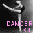 Pixelated grayscale image of a dancer in mid-pose with arms extended, overlaid by pink text reading "DANCER" and a small heart symbol.