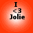 Four identical circular icons with red-orange gradient backgrounds display black text reading "I <3 Jolie" in a pixelated font.