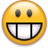 Yellow emoji face with wide grin and black eyes on white background, paired with blue pixelated text on bright pink background.