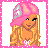 Pixel art buddy icon featuring a cartoon woman with pink hair and yellow dress next to a heart-shaped text box on a pink border.