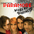 Four people in a group pose beneath red text reading PARAMORE against a light background with dark pixelated shapes.