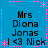 Blue background with pink dotted borders and star shapes, displaying four identical text blocks reading "Mrs Diona Jonas I <3 Nick" in black pixelated font.