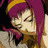 Pixelated static image of a character with purple hair and yellow highlights, closed eyes, and a neutral expression against a dark background.