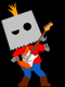 A cartoon robot with a square gray head, red shirt, blue pants, and brown boots plays an electric guitar against a black background.