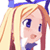 Pixelated anime-style character face with blonde hair and blue accessories, static single-frame image.