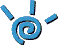 A blue spiral icon with scattered fragments in the first frame, transitioning to a solid spiral in the second frame against a gray background.