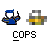 Pixelated icon shows a figure in blue uniform with white face and blue cap holding a black object, next to a color palette grid, with 'COPS' text below.