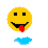 Yellow smiley face with black eyes and mouth, red tongue extending from mouth, blue water droplets below. Animation shows tongue movement and changing water shapes.