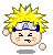 Pixel art of a character with spiky yellow hair, blue headband with silver emblem, closed eyes, and small mouth on light skin face.