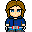 Pixel art character with brown hair and blue eyes in blue hoodie, transitioning through multiple poses and armor forms with yellow and red accents.