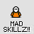 Pixel art icon of a character in orange clothing with white head, showing multiple poses and actions beneath 'MAD SKILLZ!' text on light gray background.