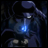 Pixelated anime-style character with glowing blue chest light, dark blue hair, and dark clothing against black background; right side shows 'AnimeIM' and 'com' text.