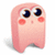 Pixelated pink ghost-like figure with large blue eyes, two red circular cheeks, and a small mouth, set against a white background.