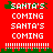 Red background with white pixelated text 'SANTA'S COMING' repeated four times, green leafy accents at top and bottom of each section.