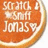 A circular orange icon with white text reading '90r4ml 9 5m1l Jona5' in a pixelated font, bordered by a light beige outline.