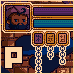 Pixel art animation of a wizard character with purple robe and yellow turban, interacting with brick structures and a magic lamp against blue water background.