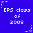 Blue background with repeated white pixelated text "EPS class of 2008" and small white star icons with dotted lines, arranged in a pattern