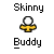 Pixelated icon with white circular head and yellow body, alternating between 'Skinny' and 'Buddy' text labels below, showing animation changes in head size and body shape.