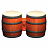 Static pixelated image of two brown conga drums with black metal rings and white drumheads connected by a wooden bridge, rendered in low-resolution 256x256 pixels on transparent background.