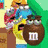 Four pixelated M&M characters in distinct poses and colors, each with a white 'm' logo on their bodies against varied backgrounds.
