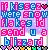 Pixelated static icon with colorful text and symbols on a gradient background, featuring multiple lines of stylized lettering in pink and blue hues.